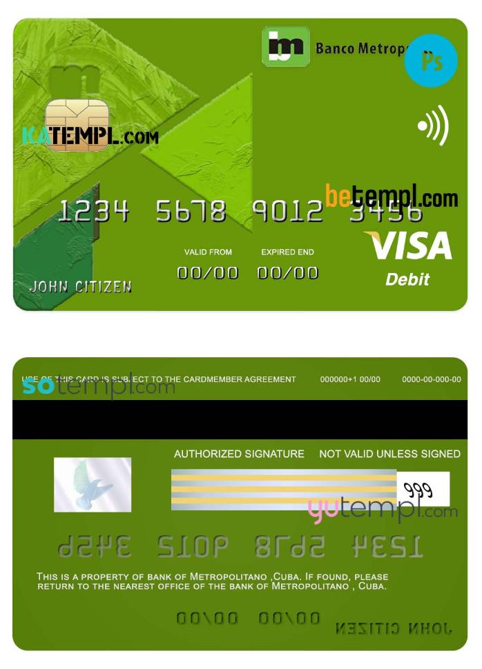 Cuba Metropolitan bank visa credit card template in PSD format, fully editable